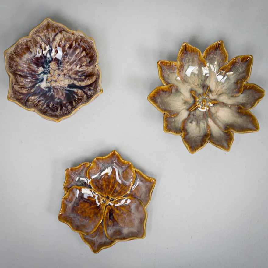 Keramik Tapas-skåle - Flowers, brown - Sæt af 3 stk.