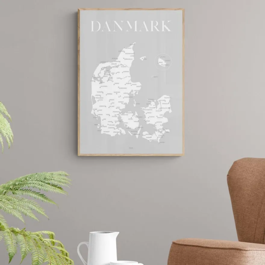 Plakat - Danmarkskort - Grå