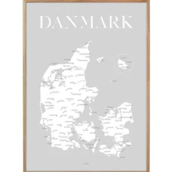 Plakat - Danmarkskort - Grå