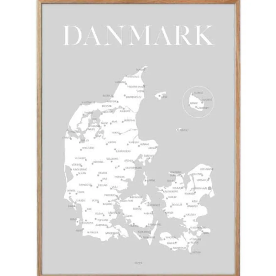 Plakat - Danmarkskort - Grå