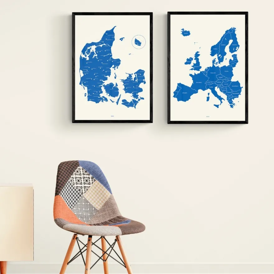 Plakat - Danmarkskort i kongeblå