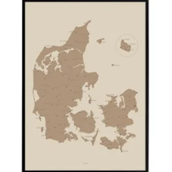 Plakat - Danmarkskort i mocca