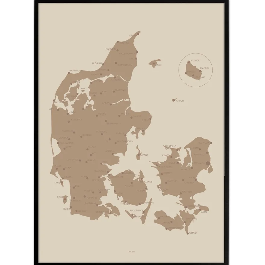 Plakat - Danmarkskort i mocca