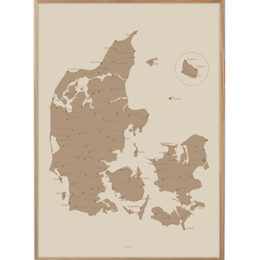Plakat - Danmarkskort i mocca