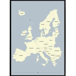 Plakat - Europakort i gul og lyseblå