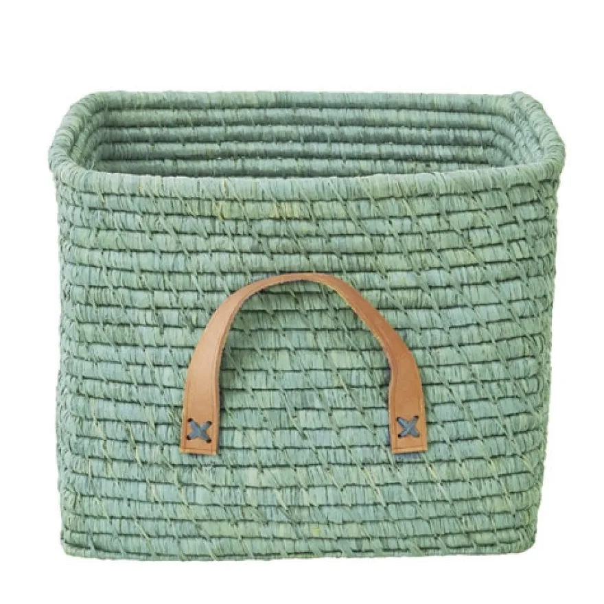 RICE Raffia kurv med Læderhank - Mint