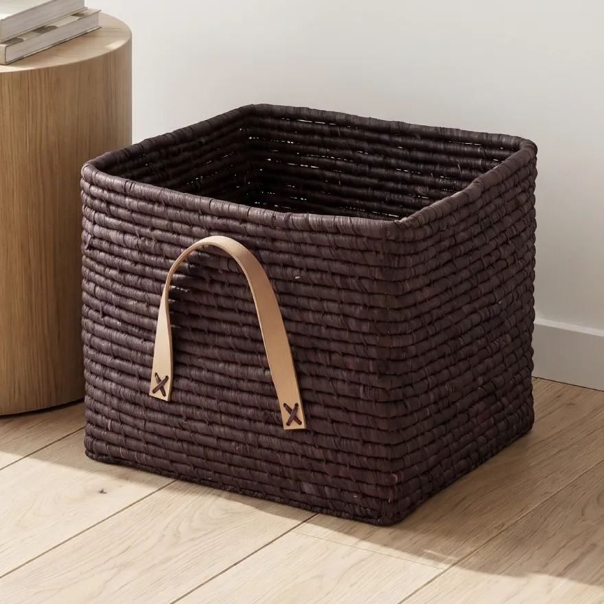 RICE Raffia kurv med læderhanke - Chokoladebrun