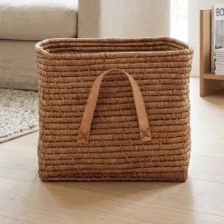 RICE Raffia kurv med læderhanke - TEA
