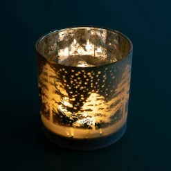 Stor Lysestage i glas - Vinterscenen - GULD Ø15 cm