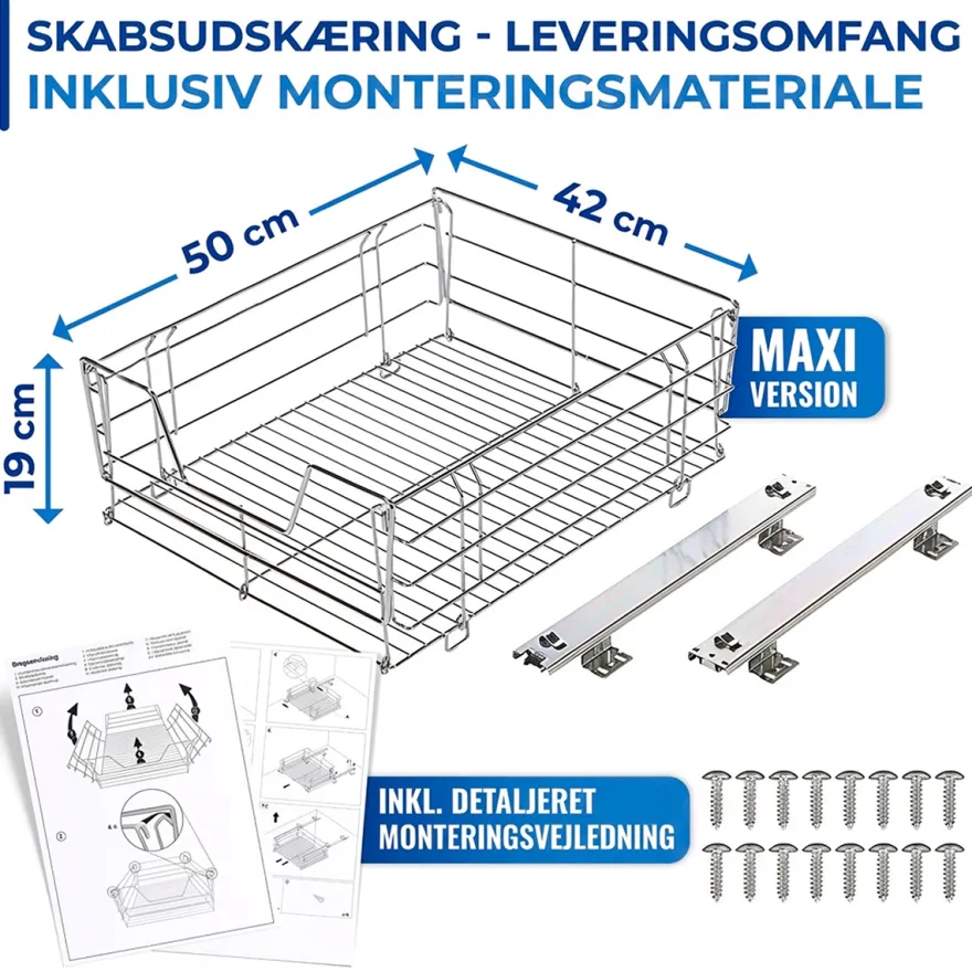 Trådkurv med udtræksskinner til montering i skab, XL